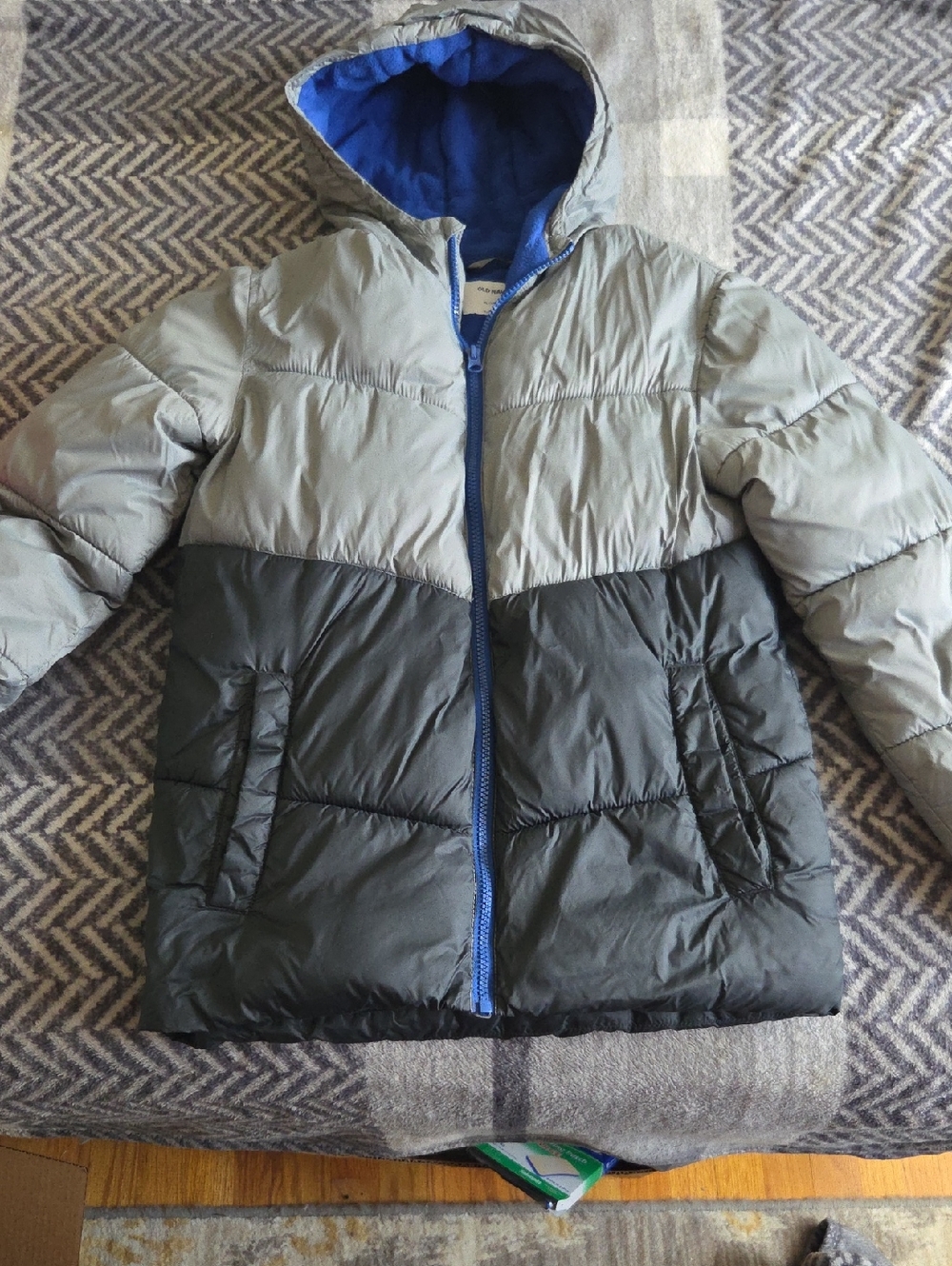 Kids Colorblock Puffer Jacket with Hood - Blue & Gray